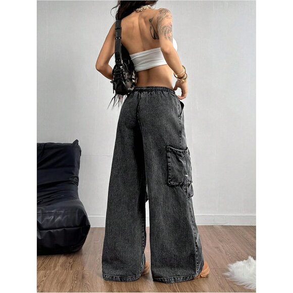 Trendy Women's Y2K Wide Leg Baggy Jeans with Drawstring & Pockets - Size L - Picture 3 of 5